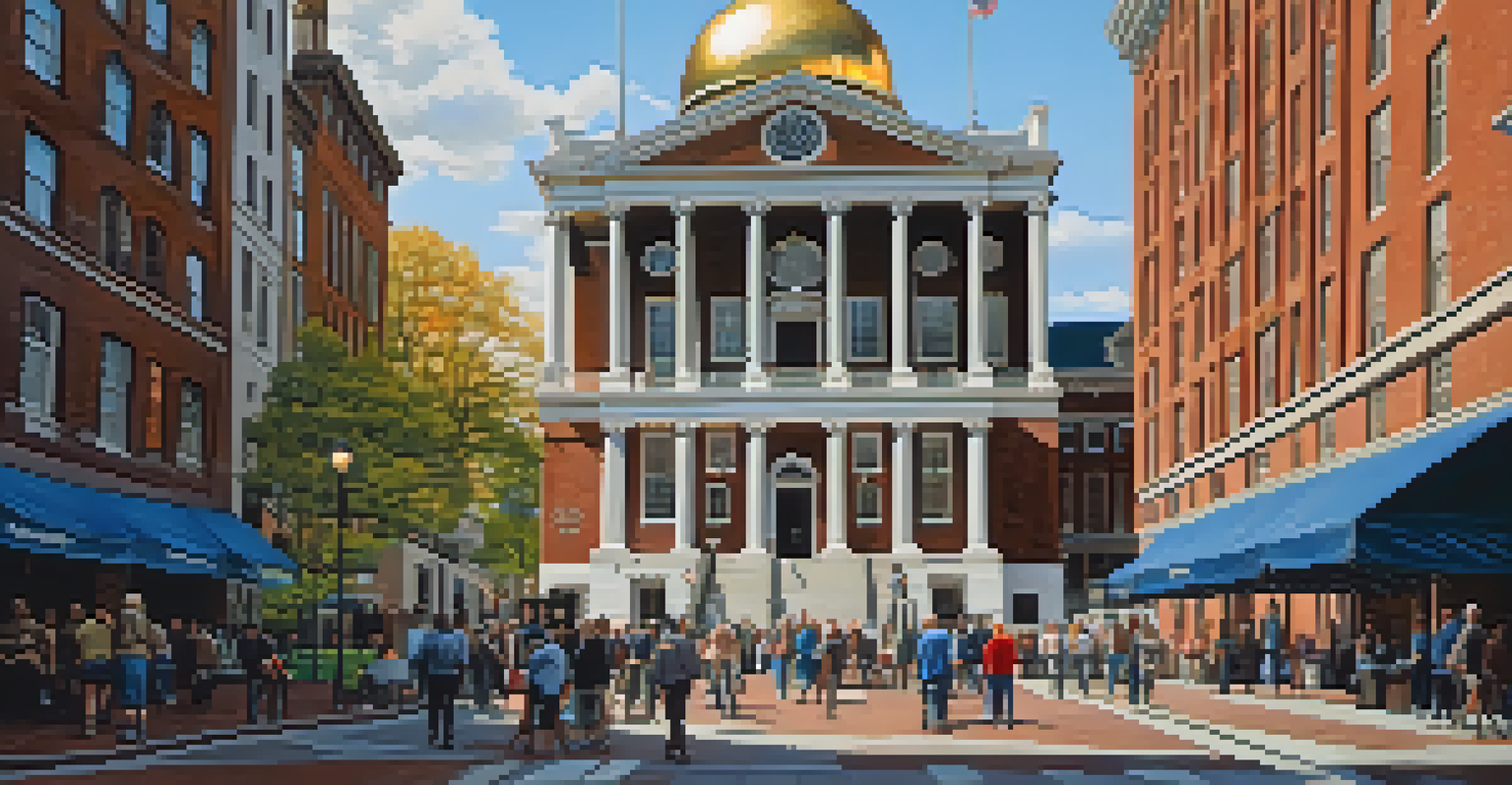 The Old State House in Boston with a golden dome, surrounded by pedestrians and historic buildings under a clear blue sky.