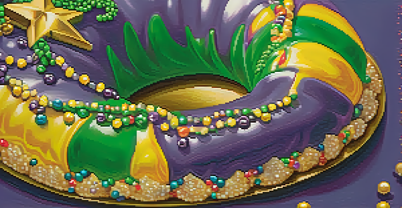 A close-up of a decorated king cake, showcasing its vibrant colors and festive decorations.