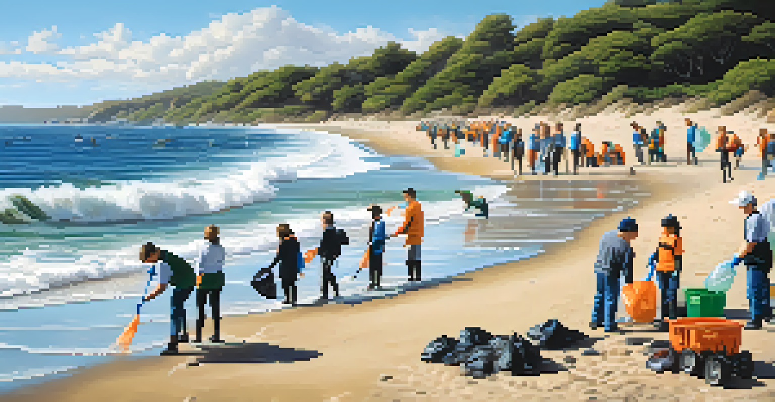 A group of enthusiastic volunteers in gloves cleaning up trash on a sunny beach with ocean waves in the background.