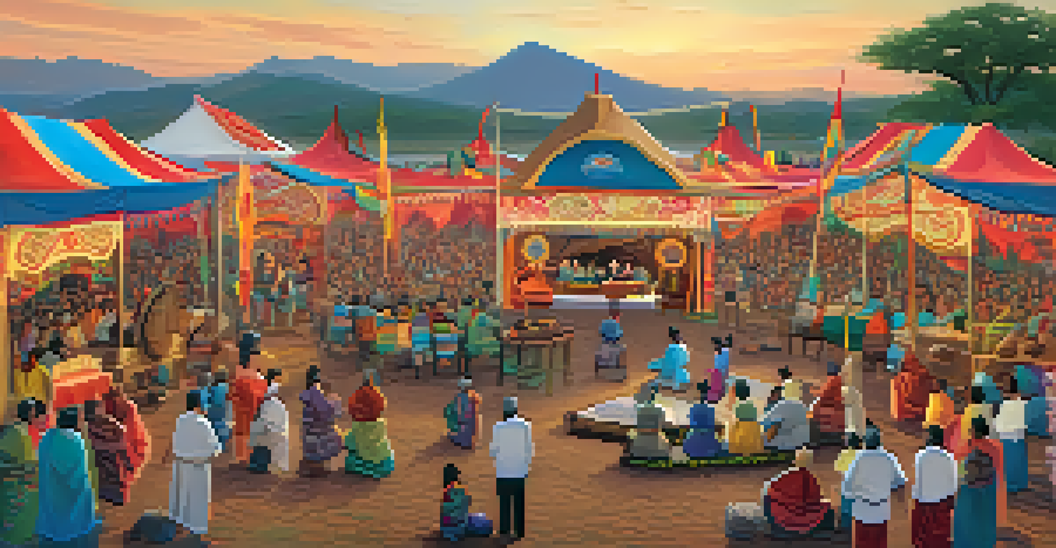 An outdoor cultural festival with a storyteller on stage at sunset, surrounded by an engaged audience and colorful decorations.