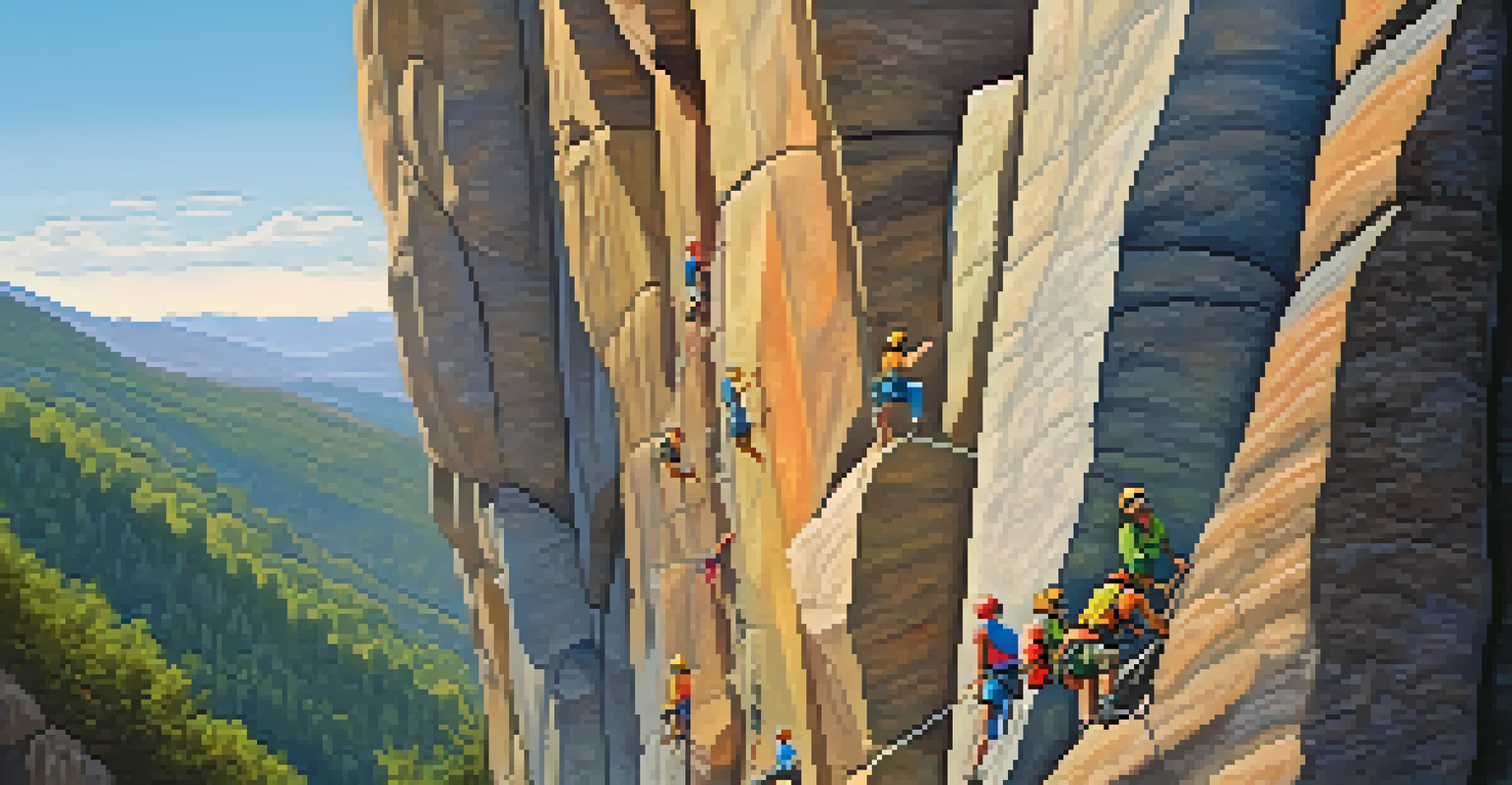 Climbers ascending a vertical cliff with a scenic landscape in the background under bright sunlight.