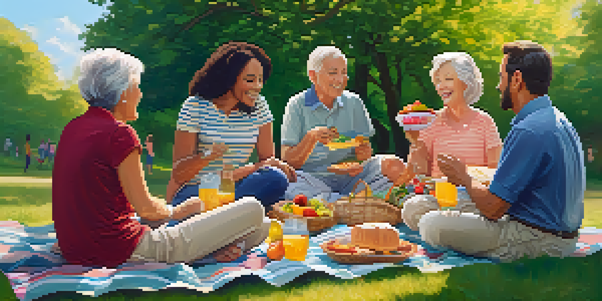 A family picnic in a park with multiple generations enjoying food and each other's company under the sunlight.