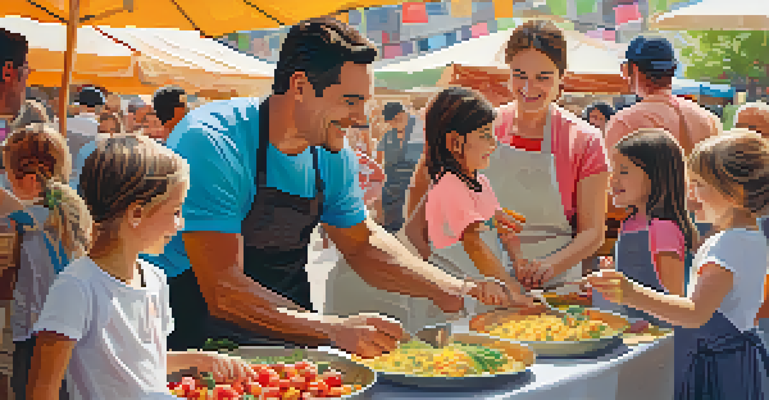 A family engaging in a cooking class at an artisan food market, with children learning from a chef amidst colorful ingredients and vibrant market stalls.