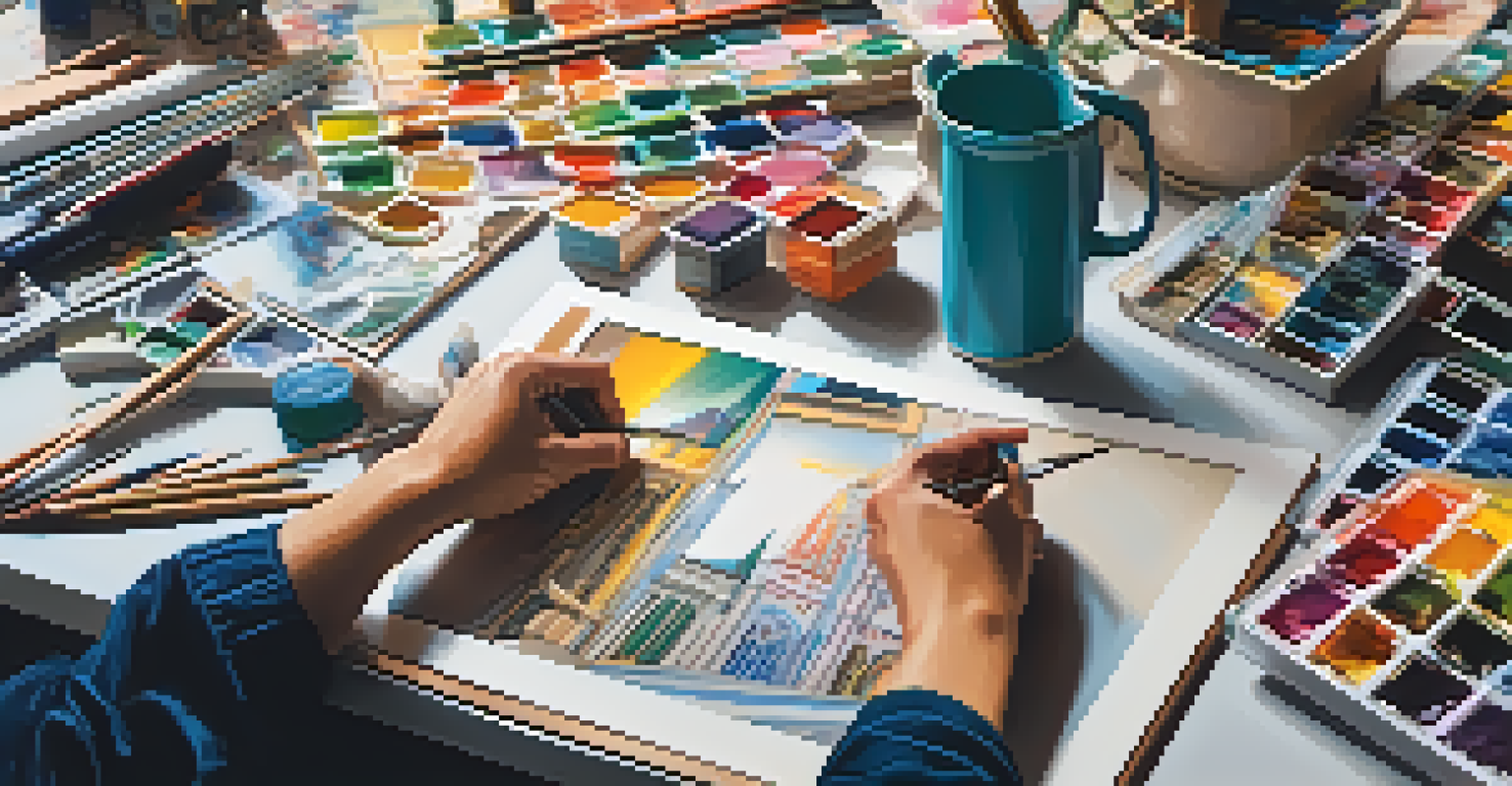 An artist hanging a photograph on a wall with tools and colorful artworks nearby.