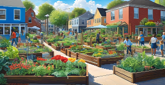 A lively urban community garden with raised vegetable beds and people gardening under a clear blue sky.
