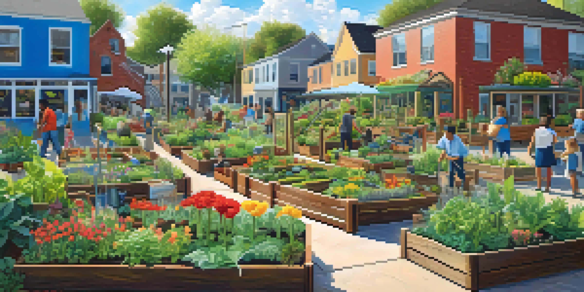A lively urban community garden with raised vegetable beds and people gardening under a clear blue sky.