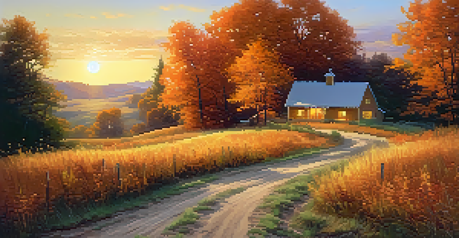 An autumn landscape with colorful trees and a winding dirt road, illuminated by warm golden light from the setting sun.