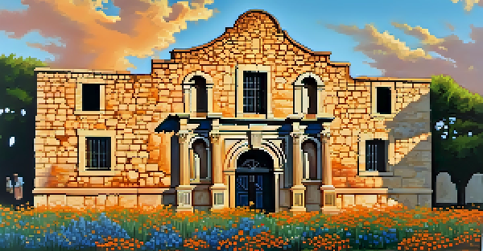 A scenic view of the Alamo at sunrise, surrounded by colorful wildflowers and trees, with a clear blue sky.