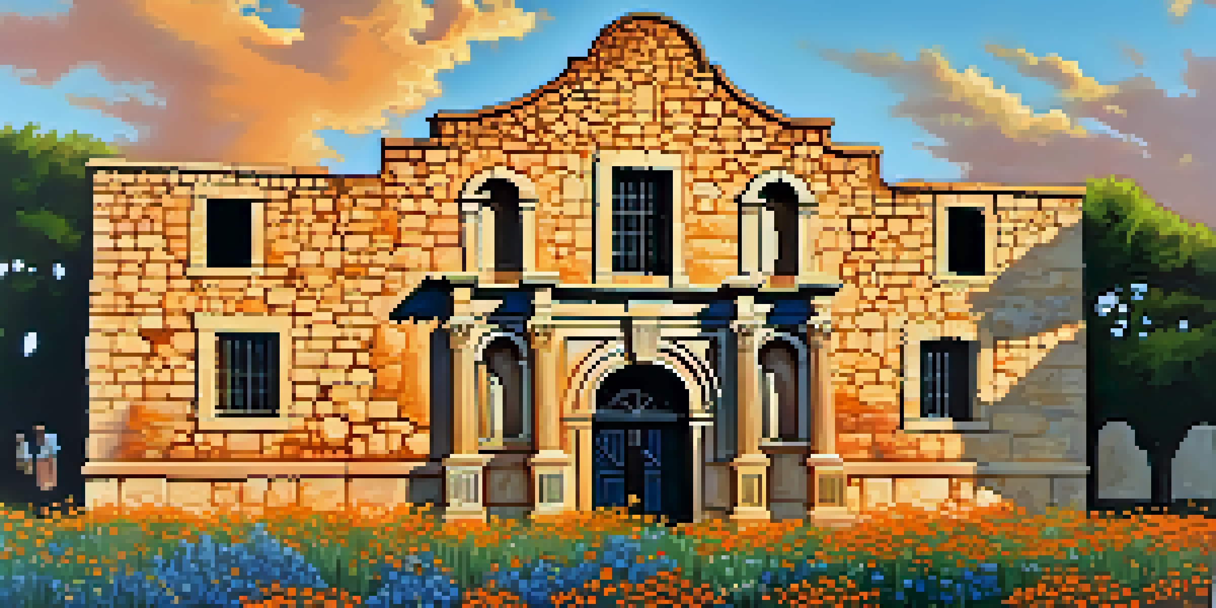 A scenic view of the Alamo at sunrise, surrounded by colorful wildflowers and trees, with a clear blue sky.