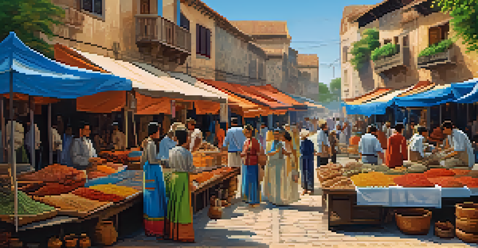 A lively marketplace along a cultural heritage trail with colorful stalls and local artisans selling handmade goods.