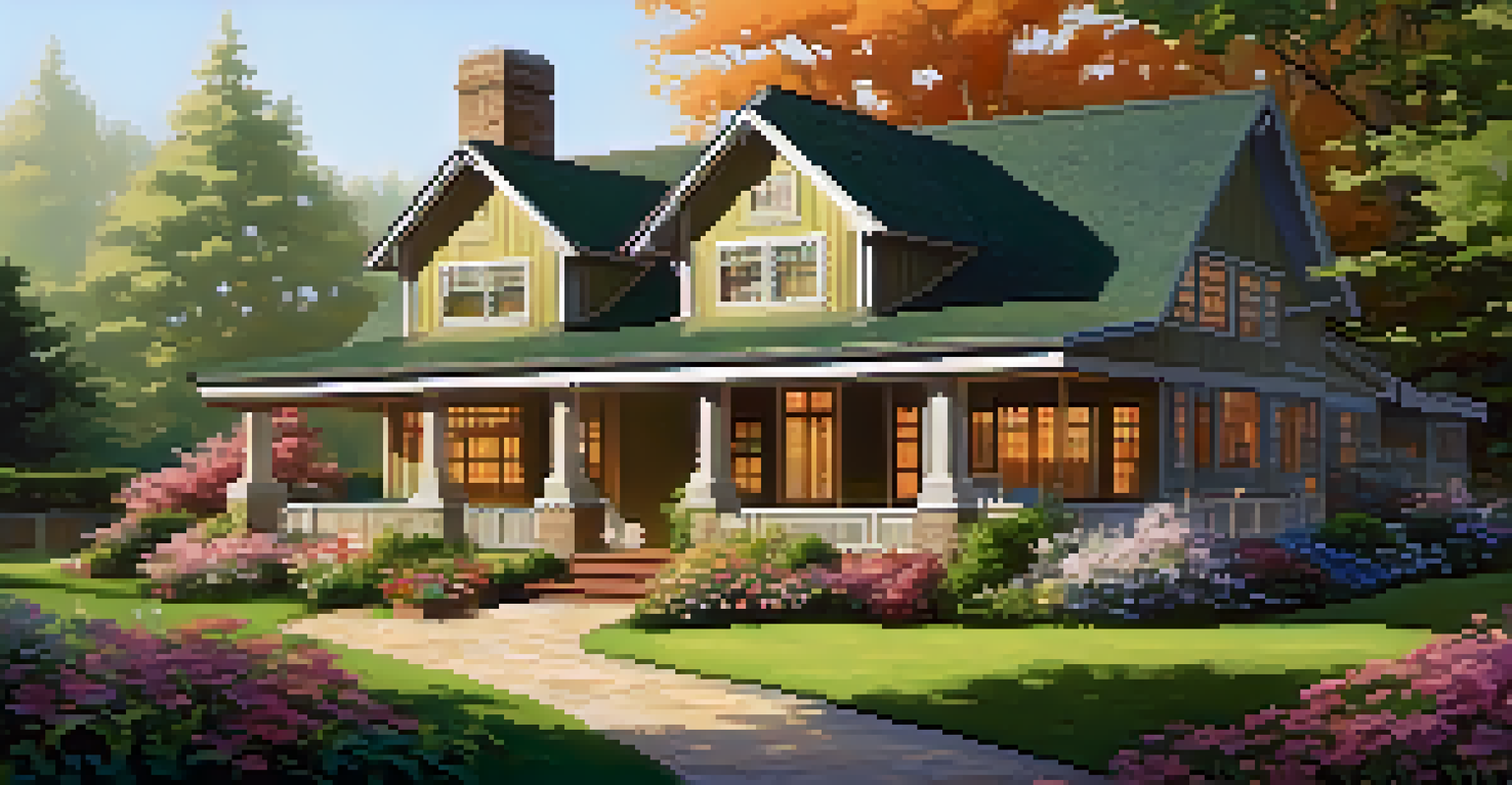 A Craftsman-style home with a porch and blooming garden in soft morning light.