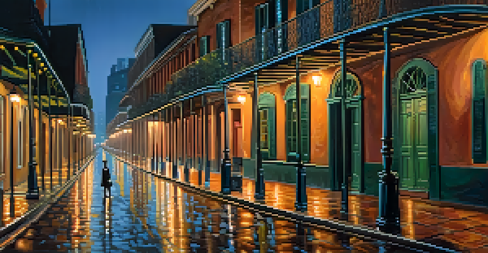 A nighttime view of the French Quarter in New Orleans, with wet cobblestones reflecting street lamp light and a ghostly figure in the background.