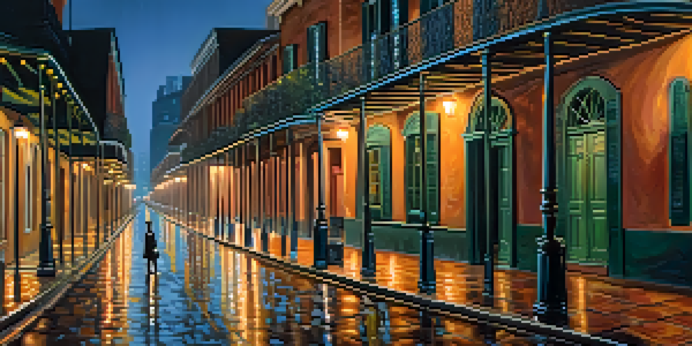 A nighttime view of the French Quarter in New Orleans, with wet cobblestones reflecting street lamp light and a ghostly figure in the background.