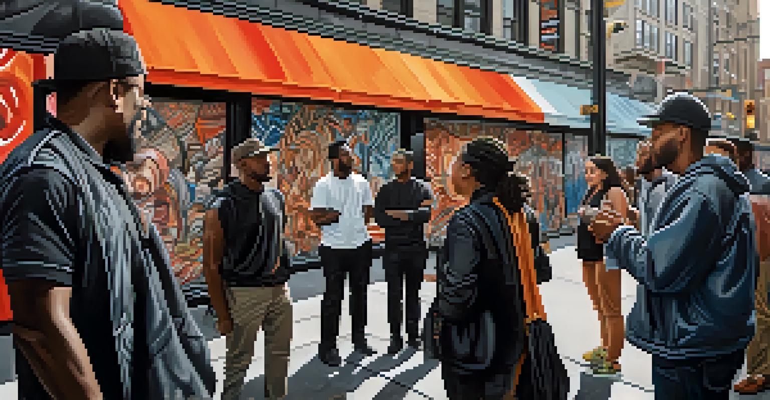 A diverse group of people talking in front of a colorful social justice mural in New York City.