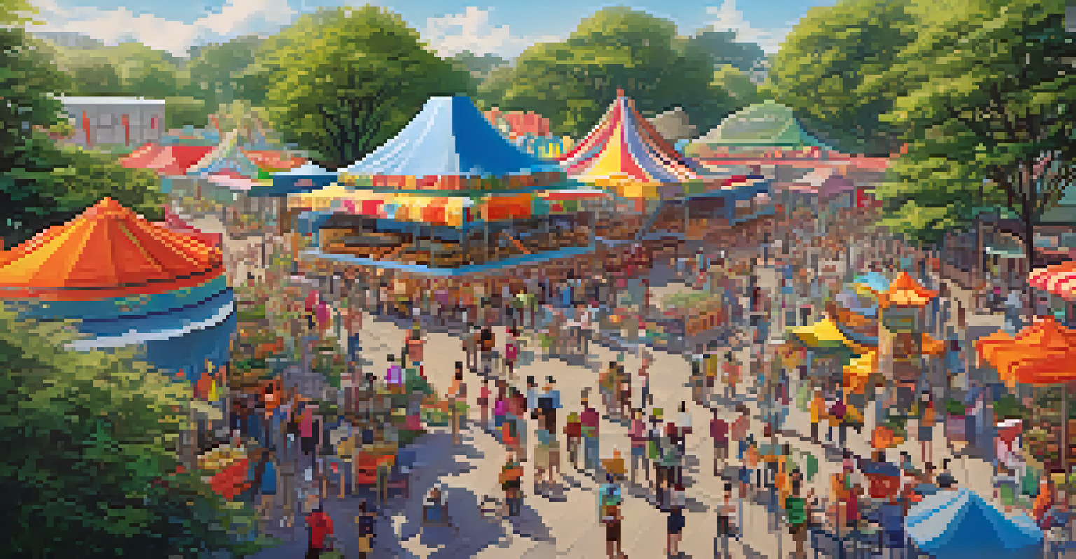 Aerial view of a bustling festival venue with food stalls and attendees in a scenic park.