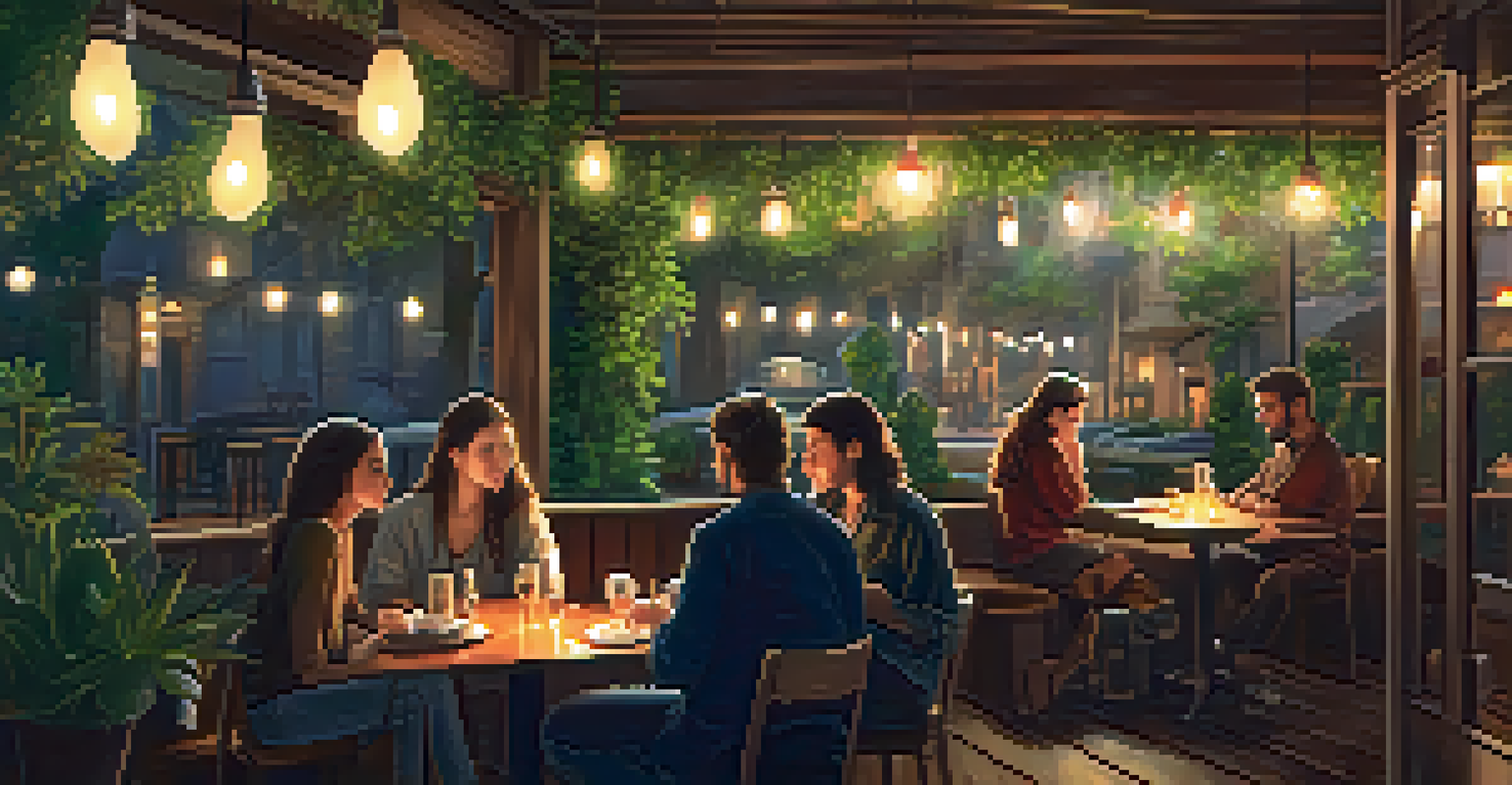 A tranquil café setting with a band playing soft acoustic music, surrounded by plants and candlelight.