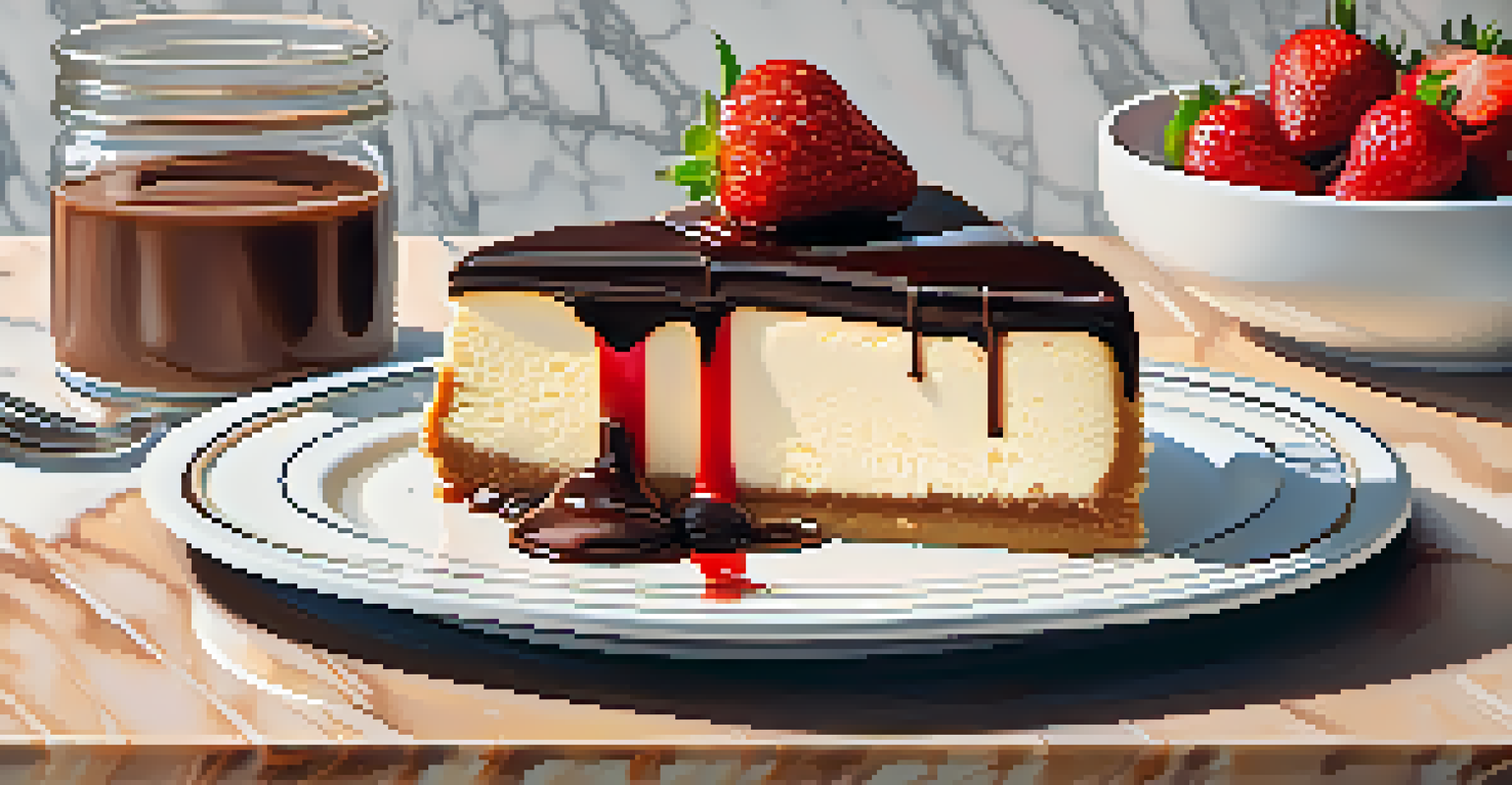 A slice of New York-style cheesecake topped with strawberries and chocolate ganache on a marble countertop.