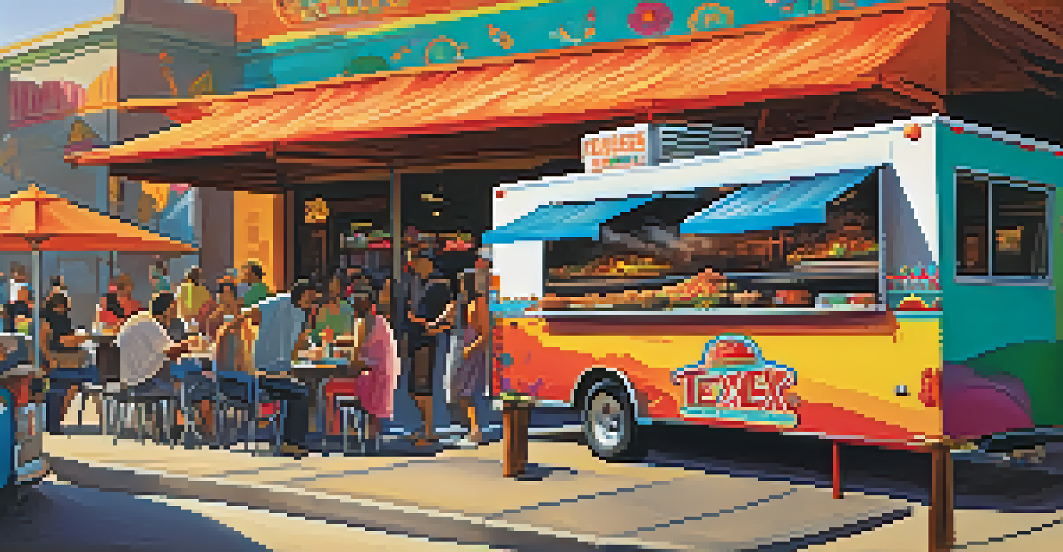 A colorful Tex-Mex food truck serving tacos and fajitas in an urban setting, with people enjoying their meals and vibrant murals around.