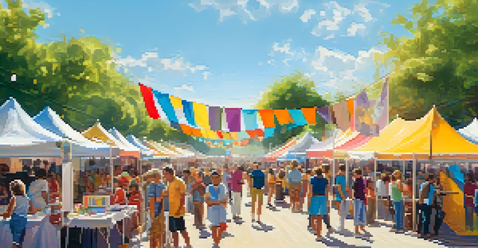 A lively community arts festival with local artists showcasing their work, filled with colorful banners and people engaging in activities.