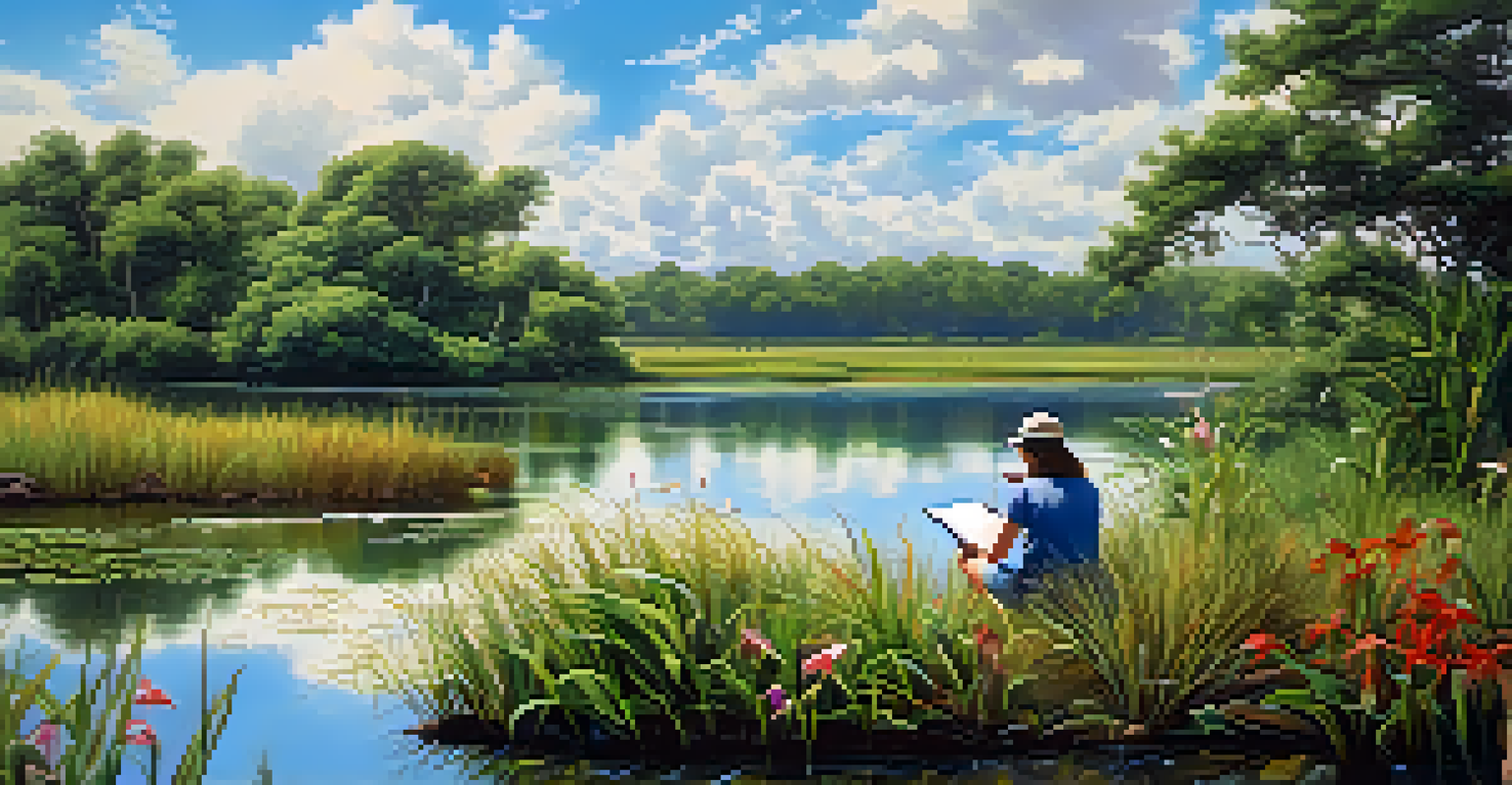 A participant observing birds in a wetland, surrounded by lush greenery and a calm water body reflecting the sky.