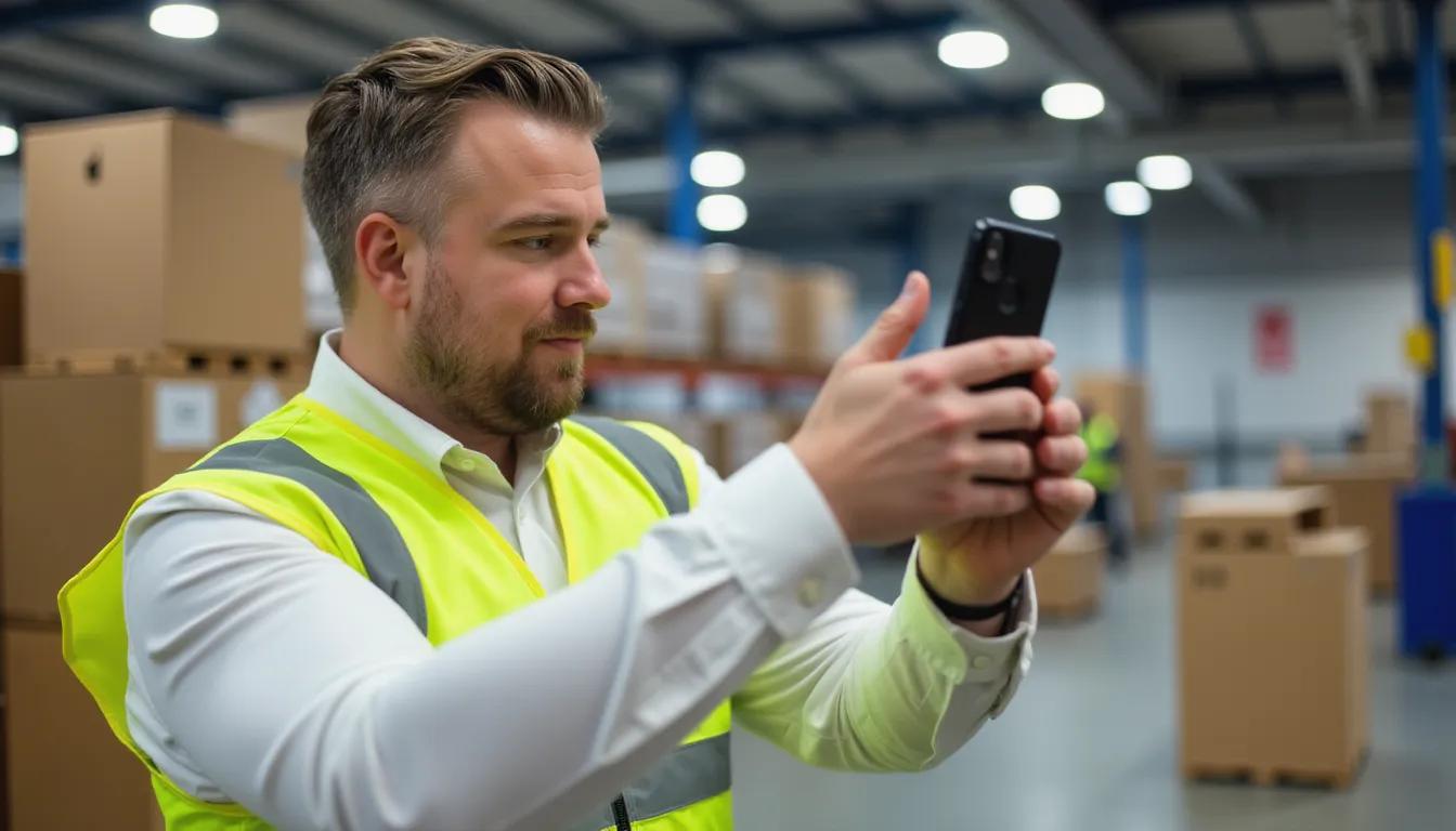 En ansatt tar et produktbilde av en hvit bøtte direkte på lageret med en smarttelefon, som en del av en effektiv løsning for produktfotografering ved hjelp av AI-teknologi.