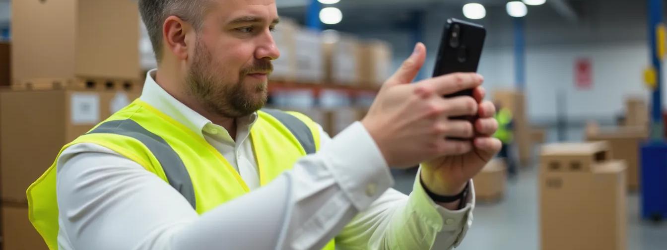 En ansatt tar et produktbilde av en hvit bøtte direkte på lageret med en smarttelefon, som en del av en effektiv løsning for produktfotografering ved hjelp av AI-teknologi.