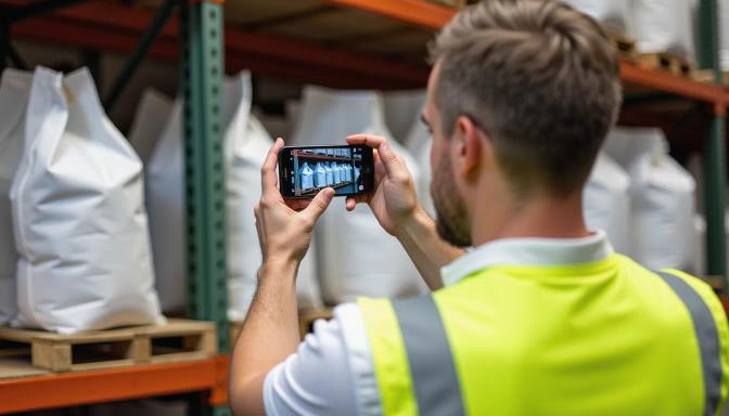 En ansatt i refleksvest tar et produktbilde av hvite sekker på et lager ved hjelp av en iPhone, som en del av en AI-drevet løsning for lagerfotografering.