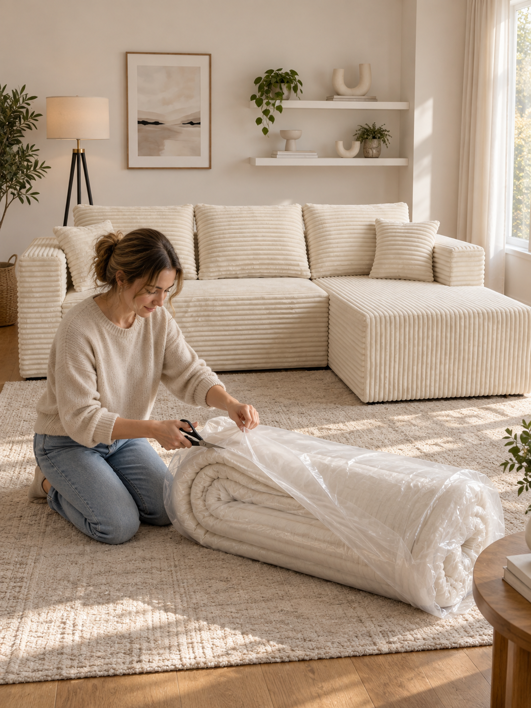 A person unpacking a Ultione compressed sofa beside the fully recovered The L sofa