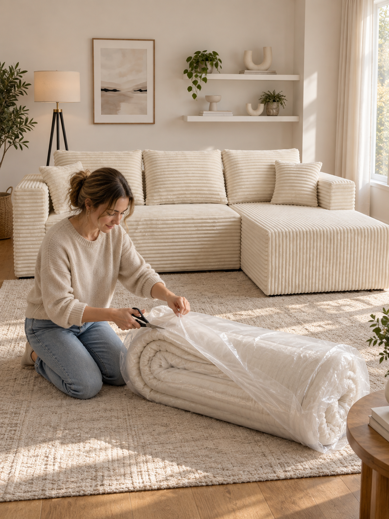 A person unpacking a Ultione compressed sofa beside the fully recovered The L sofa