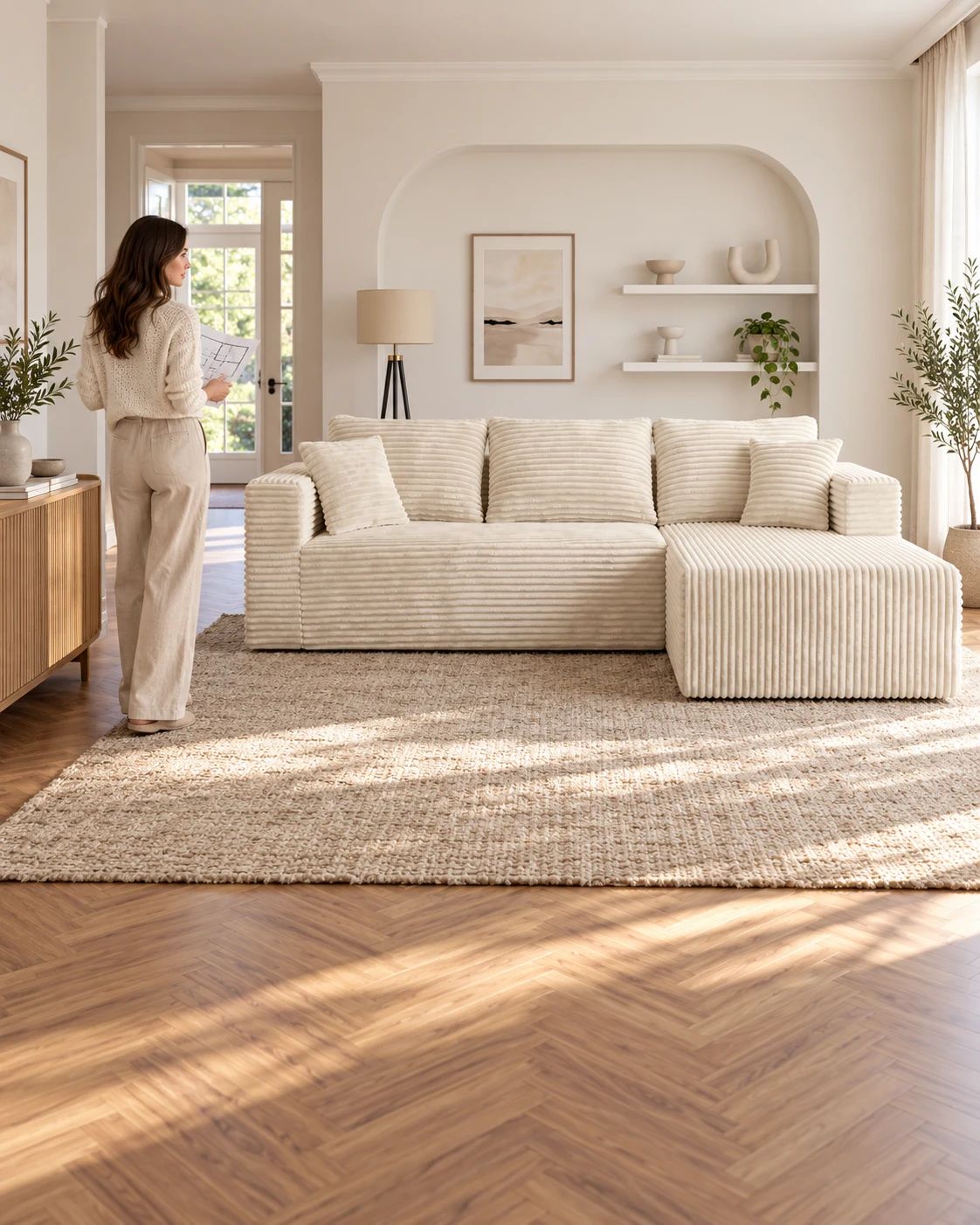 An adult plans the approach around a cream corduroy L-shaped sectional