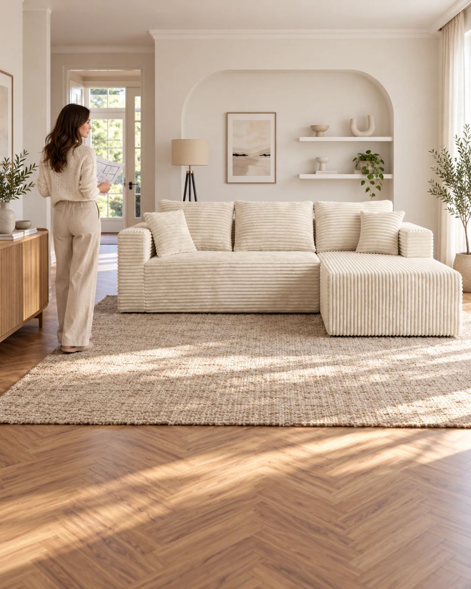 An adult plans the approach around a cream corduroy L-shaped sectional