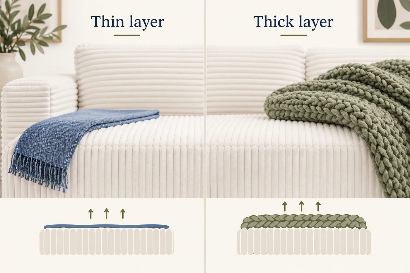 Illustration comparing a thin flat throw and a thick blanket on ribbed upholstery