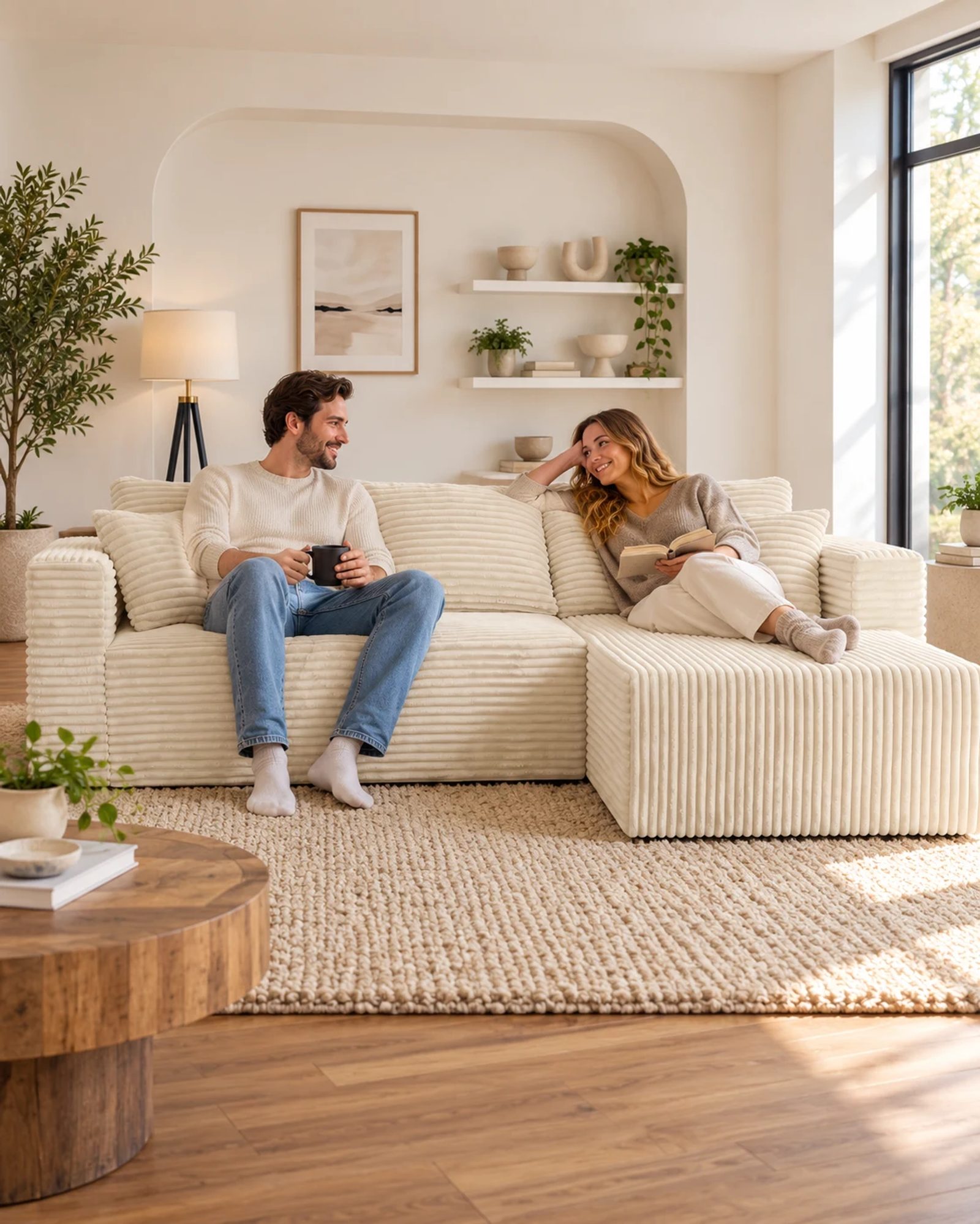 Two adults compare upright sitting and chaise lounging on a cream corduroy sectional