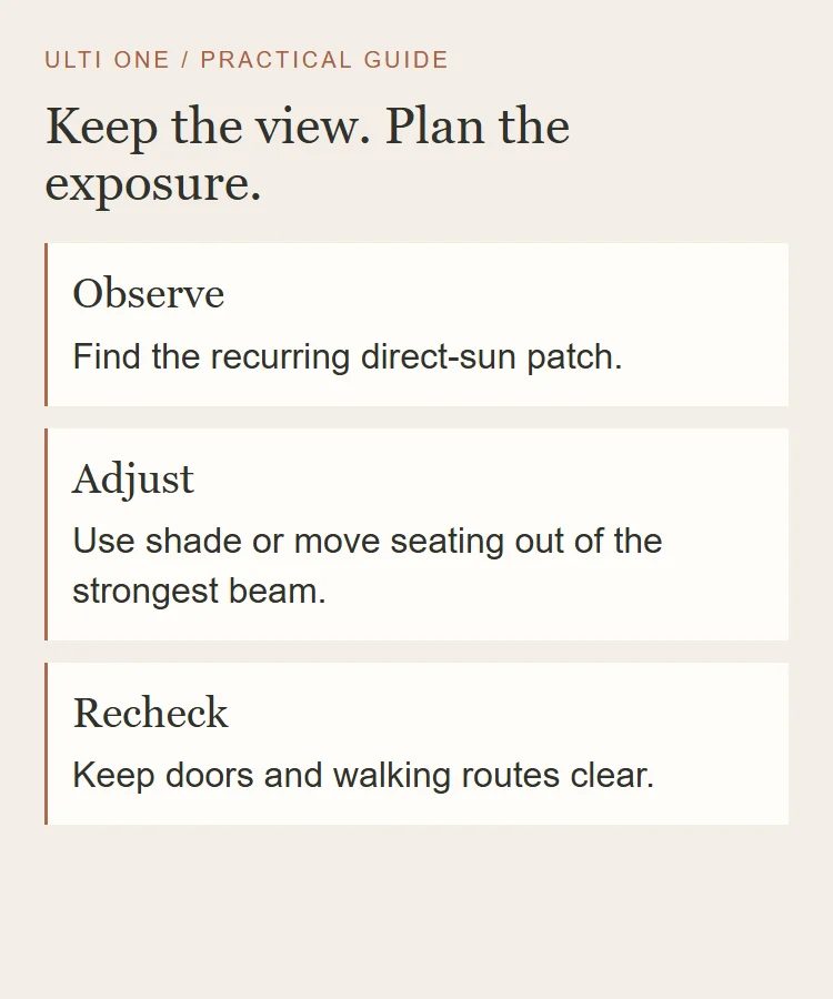A shade planning sequence that balances direct sunlight, seating placement and the walking route.
