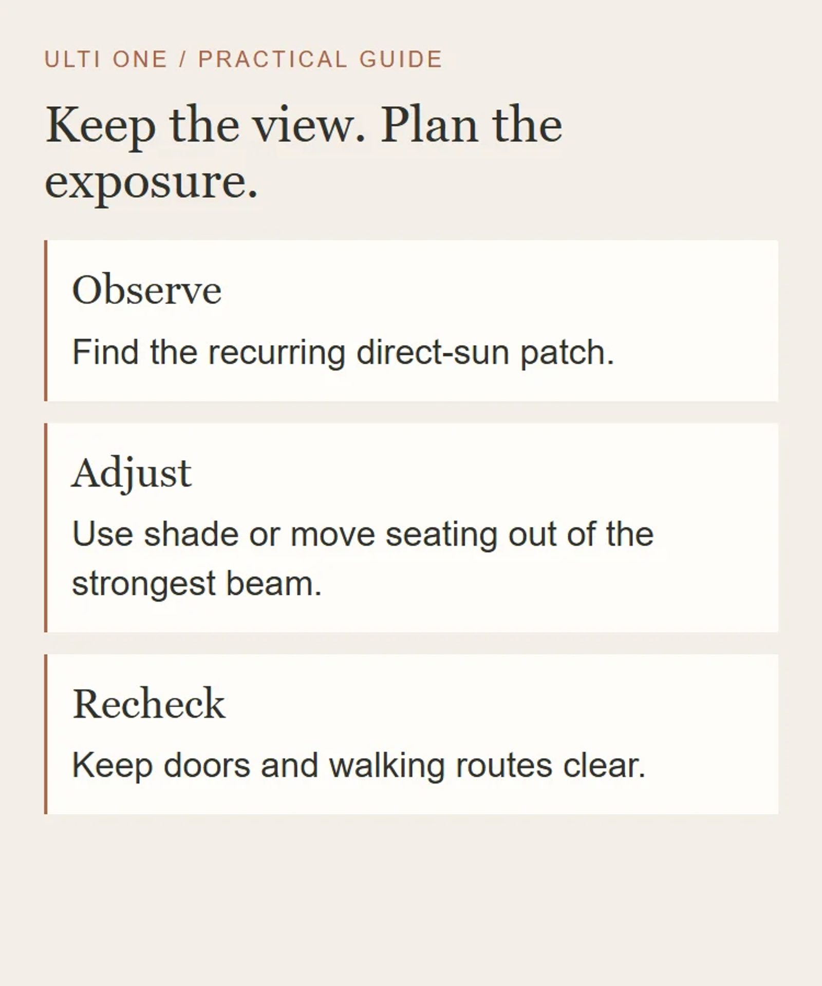 A shade planning sequence that balances direct sunlight, seating placement and the walking route.