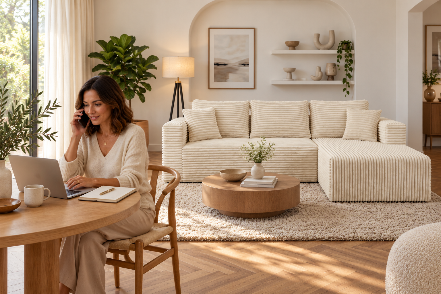 Woman discussing sofa ownership questions by phone beside a cream-white corduroy L sectional.