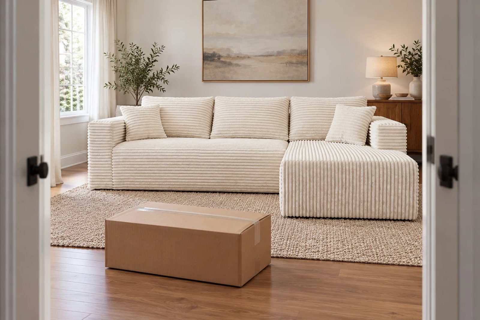 The full-size cream corduroy L-shaped sectional is visible through a living room doorway.