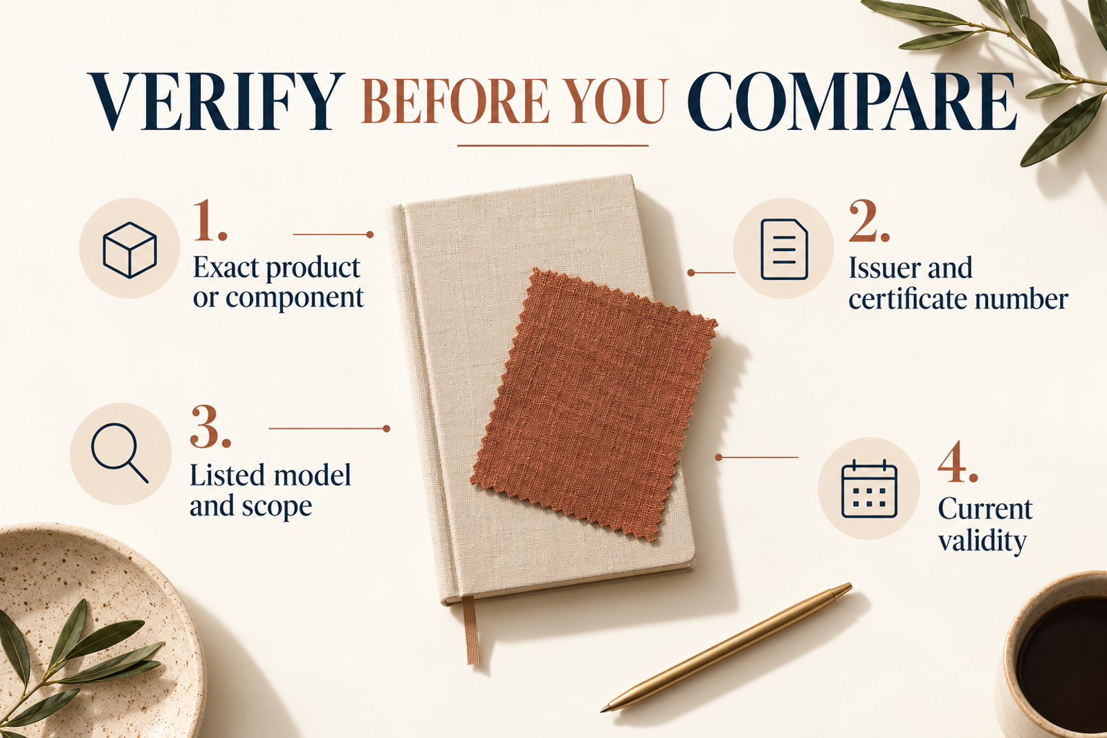 A four-part checklist for checking product identity, issuer, scope and validity.