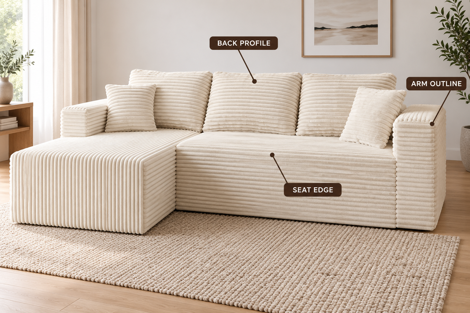 Cream wide-wale corduroy ULTI ONE L-shaped sofa with labels identifying the recovered seat edge, arm outline and back profile.