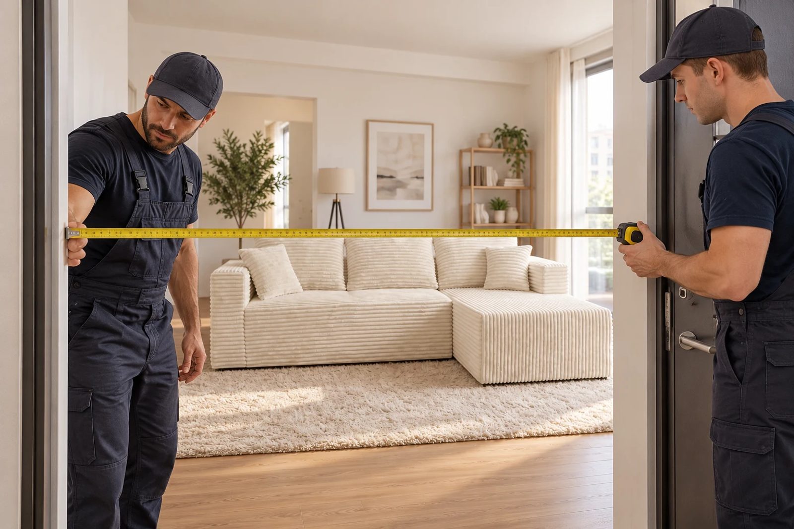 Two adults measure an apartment doorway while the full-size corduroy sectional remains expanded behind them.