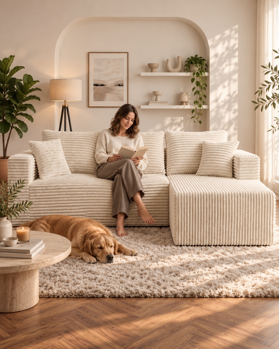 A reader relaxing on a Cream White wide-wale corduroy sofa in a warm living room.