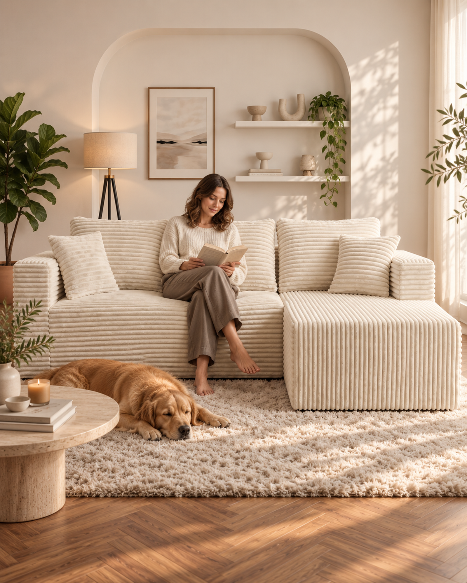 A reader relaxing on a Cream White wide-wale corduroy sofa in a warm living room.