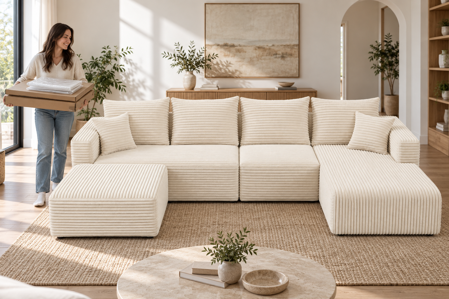 Woman carrying flattened cartons beside a fully recovered white Ultione The Big U compressed sofa