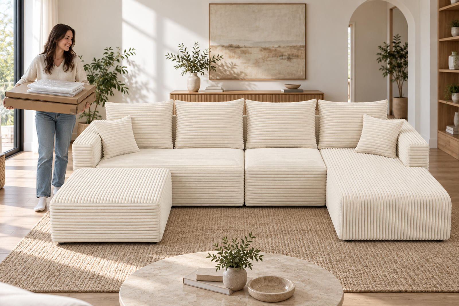 Woman carrying flattened cartons beside a fully recovered white Ultione The Big U compressed sofa
