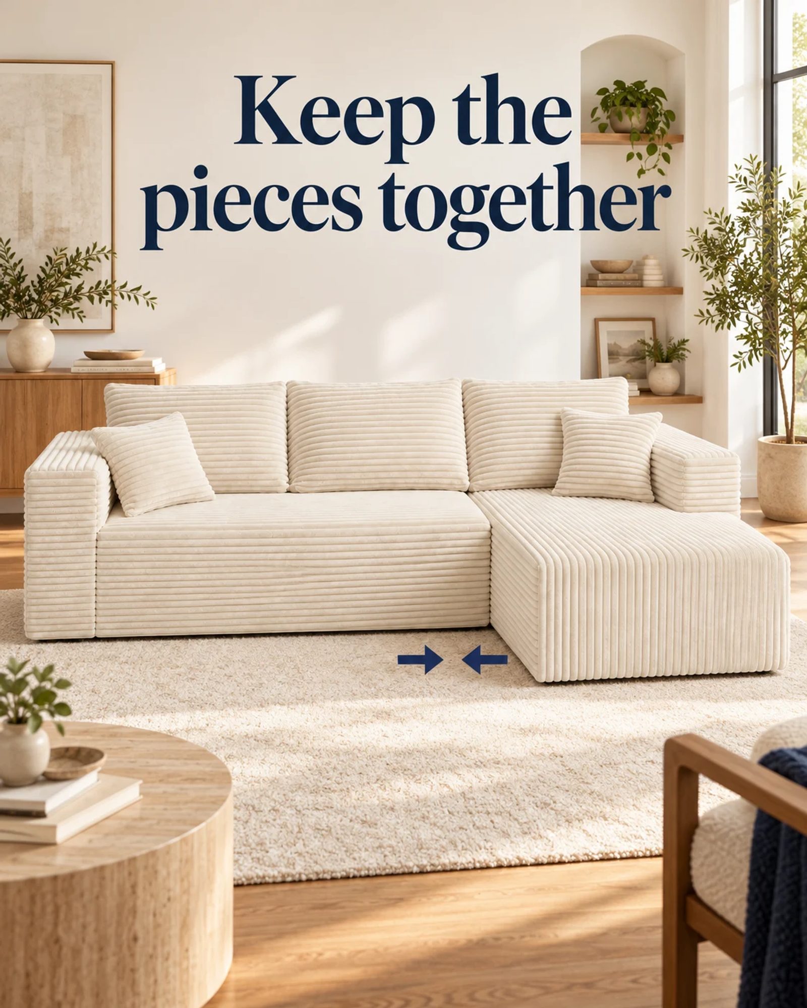 THE L corduroy compressed sofa with arrows highlighting the join between its two modules.