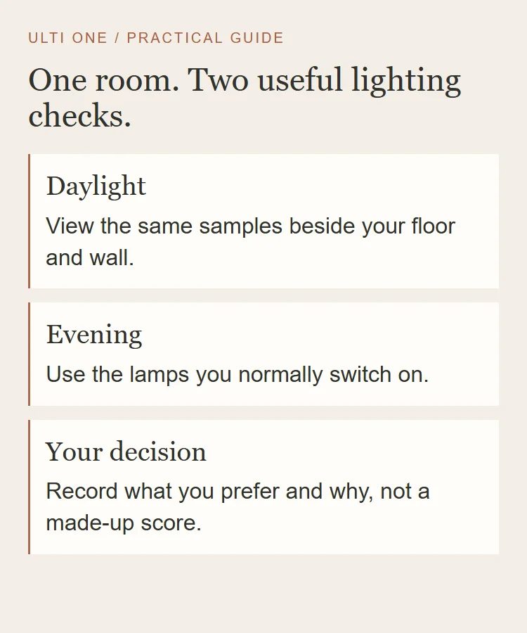 Daylight and evening comparison workflow using the same two samples in the same room.