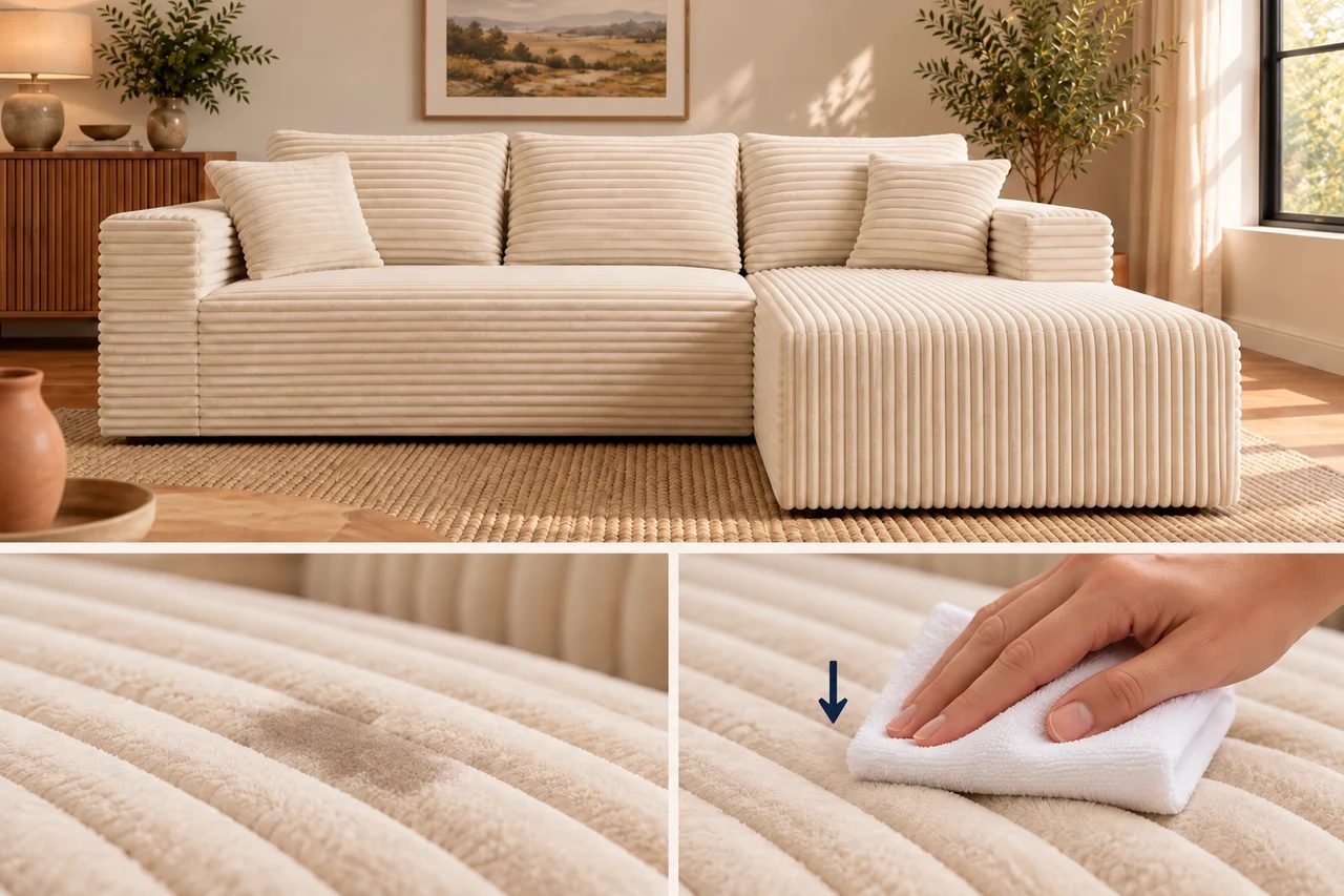 A clean white cloth gently presses onto a small water spill on wide-wale corduroy.