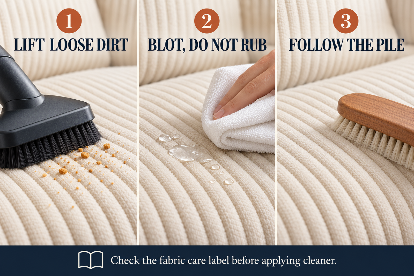 Three separate corduroy care actions: lift loose dirt, blot a spill and follow the pile direction.