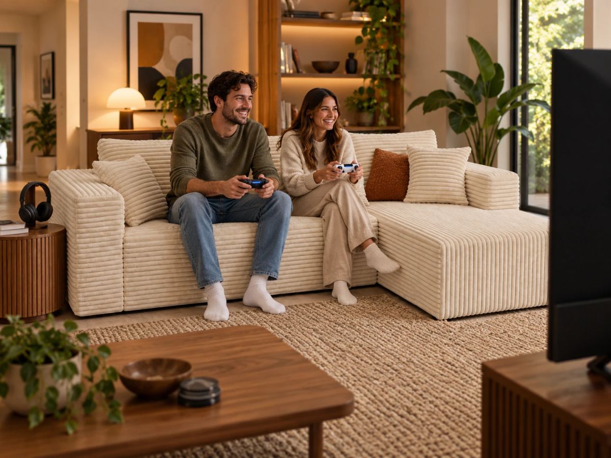 An illustrated console-gaming room with two adults using wireless controllers on a cream wide-wale corduroy compressed sofa.