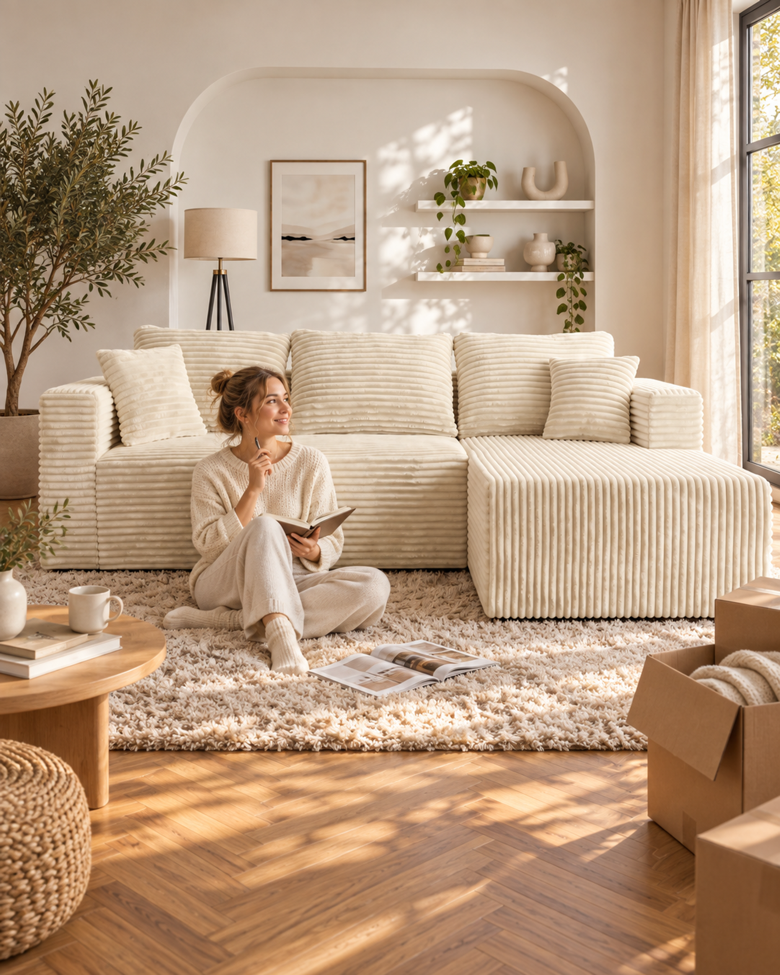 A homeowner planning a move beside a Cream White wide-wale corduroy sofa.